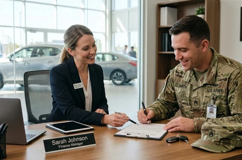 DriveWise lending specialist reviewing a car loan application with a client in a bright modern office
